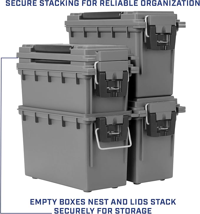 Sheffield 12792 2-Pack Ammo Storage Box, Stackable .30 Cal Field Boxes, Water and Dust Resistant, Lockable Storage Box with Handle, Secures Hunting Gear, Supplies, and Bullets, Made in USA, Gray