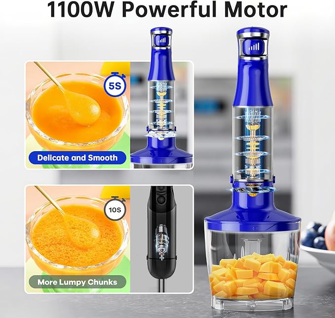 Turelar Immersion Blender Handheld Corded Hand Blenders Set 1100W, Trigger Variable Speed 5 in 1 Stick Emulsifier with Chopper, Whisk and Frother for Soup, Baby Food and Smoothies, Royal Blue