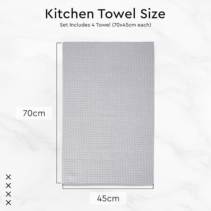 Encasa XO Kitchen Dish Towels Set | Light Grey | Waffle Weave and Flat Hand Tea Towel | 28"x18" | Quick Drying Reusable Cotton Washcloths | Multipurpose Lightweight Dishcloths Set of 4