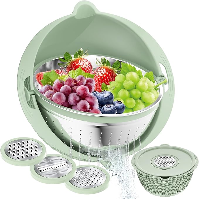 4 in 1 Colander with Bowl Set, Food Strainers and Colanders, Colander for Kitchen, Pasta Strainer, Fruit Washing Bowl, Kitchen Essentials Strainer Basket Bowl, Green, Christmas & New Year Gifts
