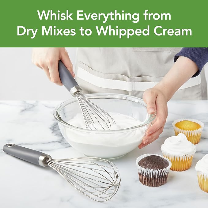 Tovolo Wire Whisk Set of 2 for Baking Cooking Mixing Whisking, 10" & 12" Inch Stainless Steel Wire Kitchen Whisk Set Balloon Design Sturdy Comfort Grip Handle BPA Free Dishwasher Safe, Charcoal Gray