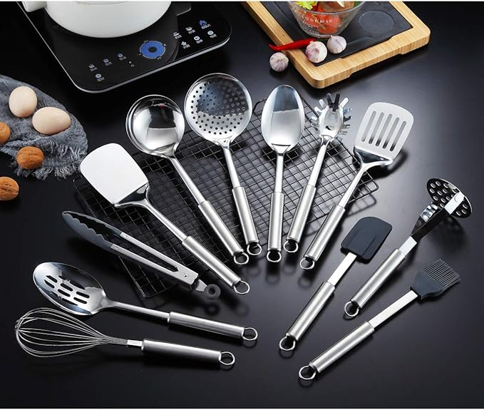 Berglander Cooking Utensil Set 12 Piece Stainless Steel Kitchen Tool Set, Include Cooking Spoon, Spatula, Whisk, Cooking Tong and etc (12 Pieces)