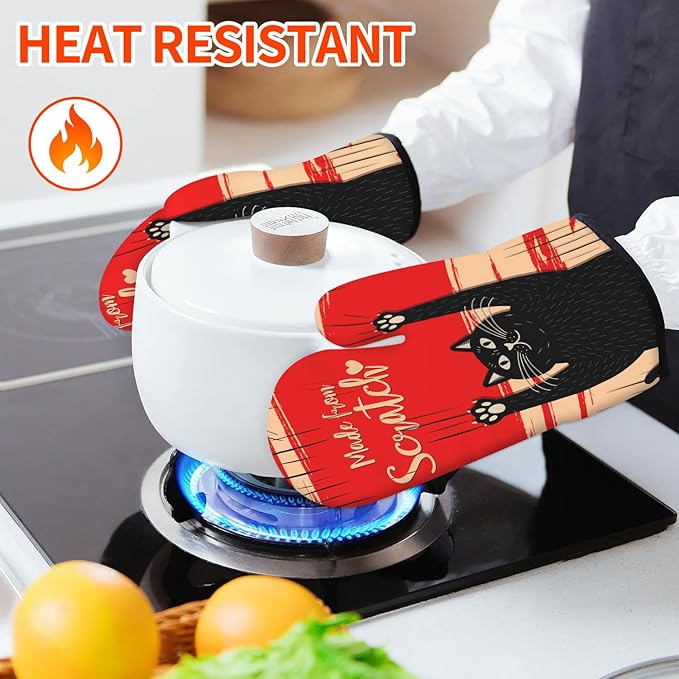 Funny Cat Oven Mitts and Pot Holders Sets Red Black Kitchen Decor Cute Cat Kitchen Accessories Funny Cat Gifts House Warming Birthday Cooking Gifts for Women (Red, Oven Mitts & Pot Holders)