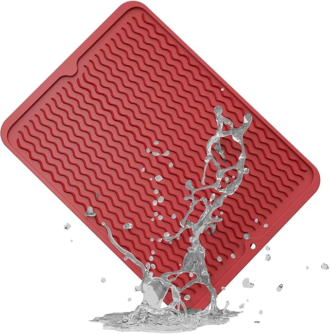 ZLR Silicone Dish Drying Mat & Heat Resistant Trivet (12" x 16") - Waterproof Counter Protector for Air Fryer, Coffee Maker - Non-Slip, BPA Free Kitchen Pad, Easy Clean Dishwasher Safe (Lava Red)