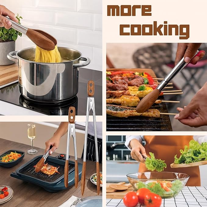 Wooden Tongs Set Of 3 (7", 9", 12"), Stainless Steel BBQ Tongs For Cooking, Frying, Grilling And Salad, Heat Resistant, Non-Slip, Heavy Duty (3 PACK)
