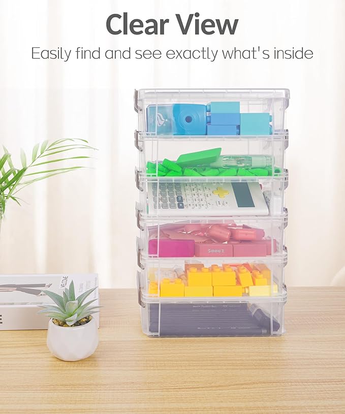 Sooez 6 Pack Extra Large Pencil Box, Plastic Pencil Case Crayon Box Bulk, Clear Marker Organizer Plastic Containers with Lid, Stackable Storage Boxes for Art Craft Pen, Back to School Supplies, Purple