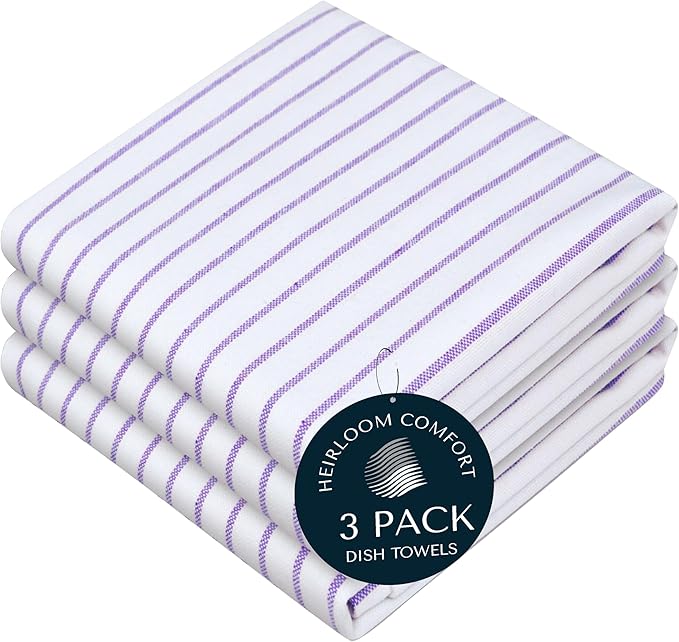 Lavender Stripe Kitchen Towels, 3 Pack, 100% Cotton, Super Absorbent and Quick Dry, Classic Striped Towel Set, Durable Dish Cloths for Kitchen Use, Cleaning & Drying Dishes