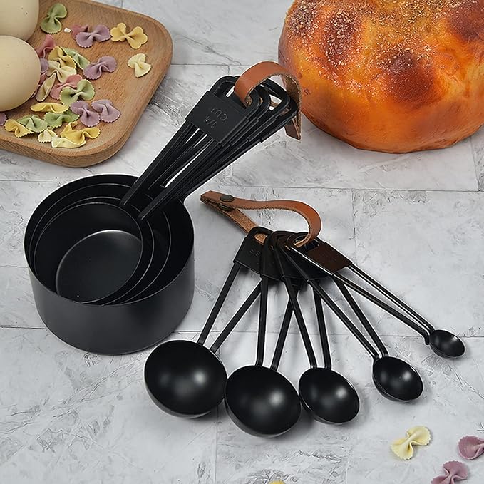 9PCS Black Stainless Steel Measuring Cups and Spoons Set, Heavy Duty Measuring Cup Set