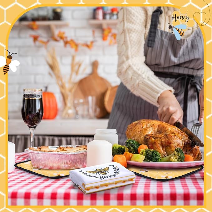 Leinuosen 8 Pcs Yellow Bee Kitchen Towels and Dishcloths Sets Oven Mitts and Pot Holders Sets Absorbent Kitchen Gloves Potholders Heat Resistant for Chef Baking Cooking