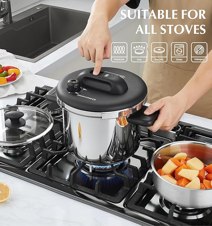 KOCH SYSTEME CS Stainless Steel Pressure Cooker 6.3 QT, Olla de Presion, Easy One-Press Lock, 3 PSI Settings Stovetop Pressure Cookers, Save 70% Time, Induction Compatible, Glass Lid & Steamer Rack