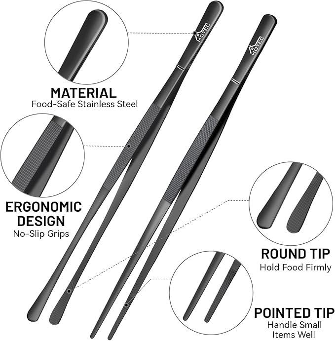 HOTEC Kitchen Tweezers Tongs Stainless Steel Professional Chef Tweezers, Set of 2-12inch Extra-Long Food Tongs for Cooking,Grill and Baking