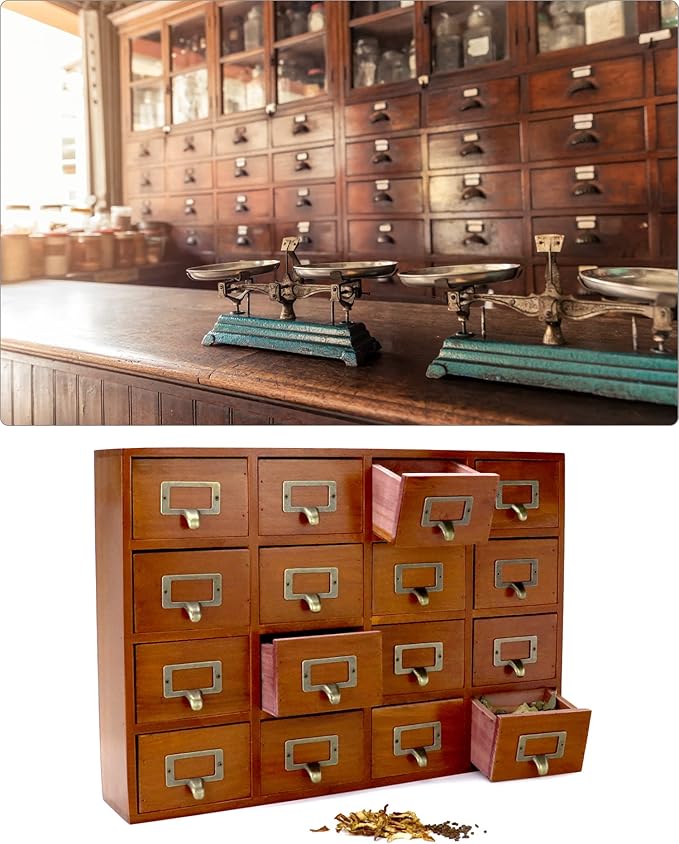 QWORK Desk Drawer Organizer, Wooden Vintage Apothecary Cabinet with 16 Drawers, Home Office & Tea & Dresser Bedroom Organization and Storage, Traditional Apothecary Cabinet, Brown