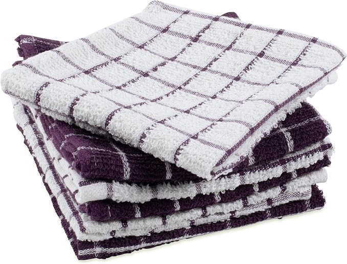 DII Basic Terry Collection Windowpane Dishcloth Set, 12x12, Eggplant, 6 Piece