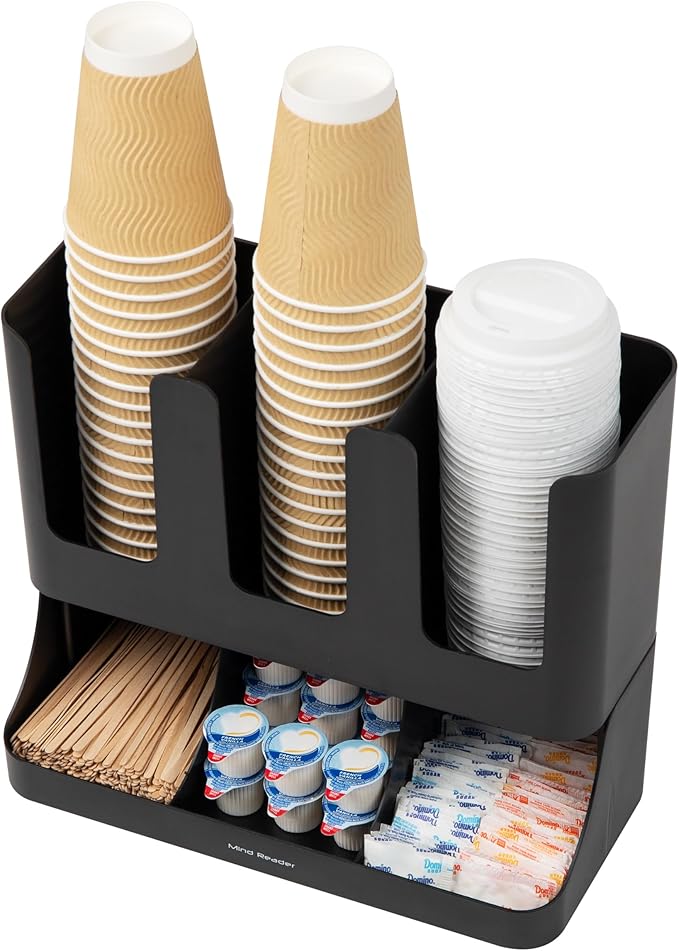 Mind Reader Cup and Condiment Station, 13 Inch Countertop Coffee Bar Organizer with 6 Compartments, Storage Caddy for Cups, Lids and Packets, Plastic, Black