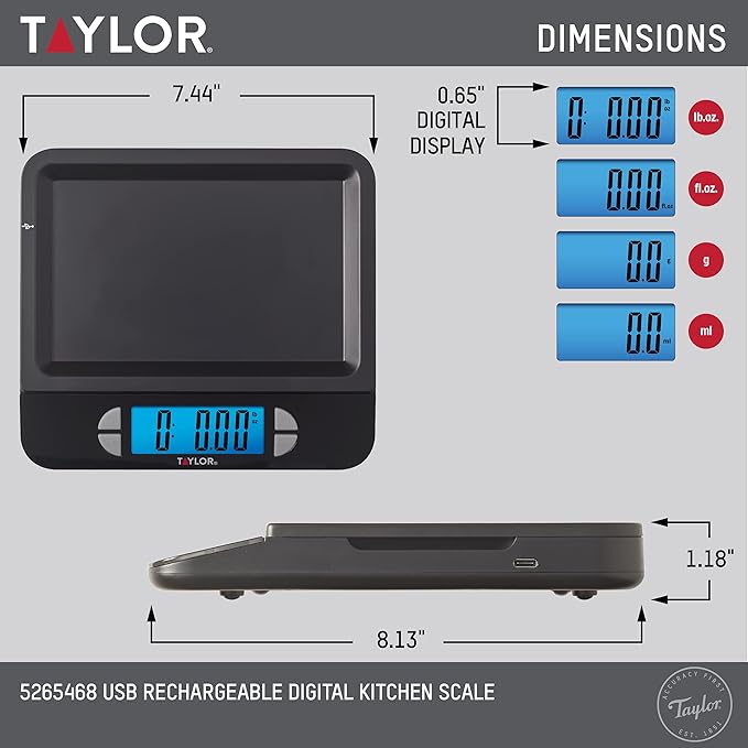 Taylor USB Rechargeable Digital Kitchen and Food Scale, 11 pound capacity with Dishwasher Safe Tray, Cord Included