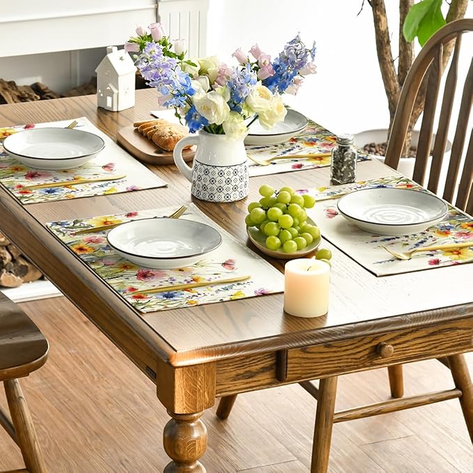Artoid Mode Daisy Lavender Floral Leaves Spring Placemats Set of 4,12x18 Inch Seasonal Spring Table Mats for Party Kitchen Dining Decoration
