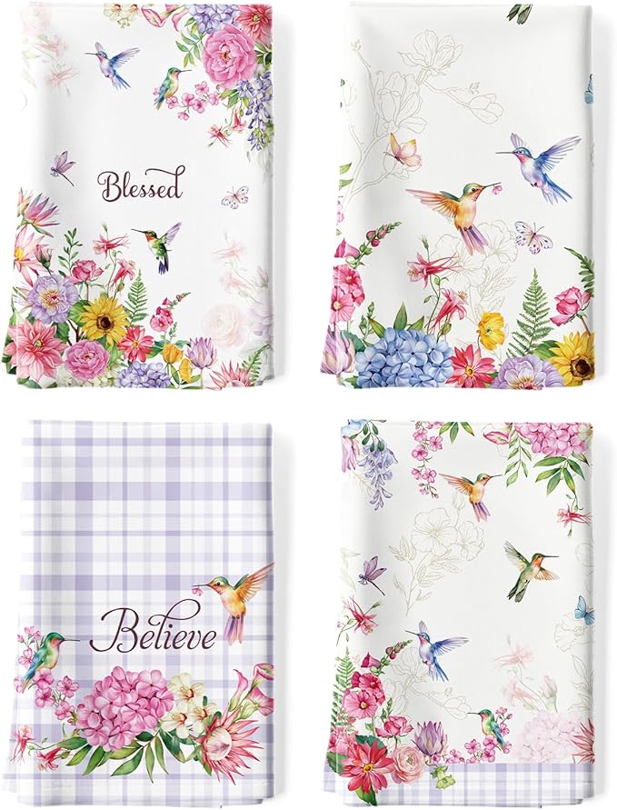 Spring Summer Bird Floral Tea Towels, Cotton Kitchen Towel 18.9 × 27.5 inch, Quick Drying Dish Cloth for Party Anniversary Holiday Decoration, Housewarming Gifts for Mom