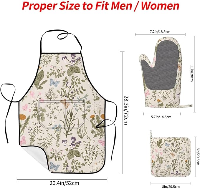 Vintage Wildflower Herbs Floral Rustic Butterfly Oven Mitts Pot Holders Cooking Apron Set of 5 Silicone Kitchen Glove Apron Non-Slip Heat Resistant for Chef Baking Cooking Grilling BBQ