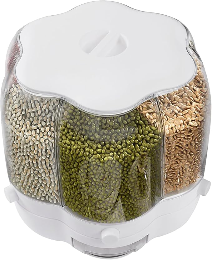 Cereal Dispenser, 6-grid 360° Rotating Grain Dispenser, 6 in 1 Sealed Clear Rice Dispenser, 12.5kg/27.56lbs Grain Storage Container, PP+PET Flower Shape Granular Dry Food Dispenser, 10.35*12.6in White