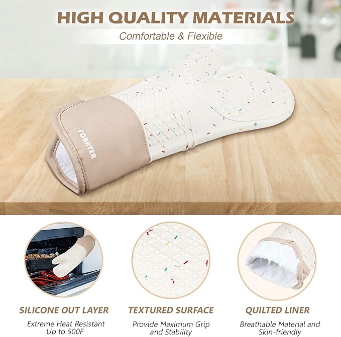Extra Long Silicone Oven Mitts - Heat Resistant up to 500°F, 15'' Waterproof and Non-Slip Oven Gloves with Soft Quilted Liner - Perfect for BBQ, Cooking, Baking, and Grilling - 1 Pair, White