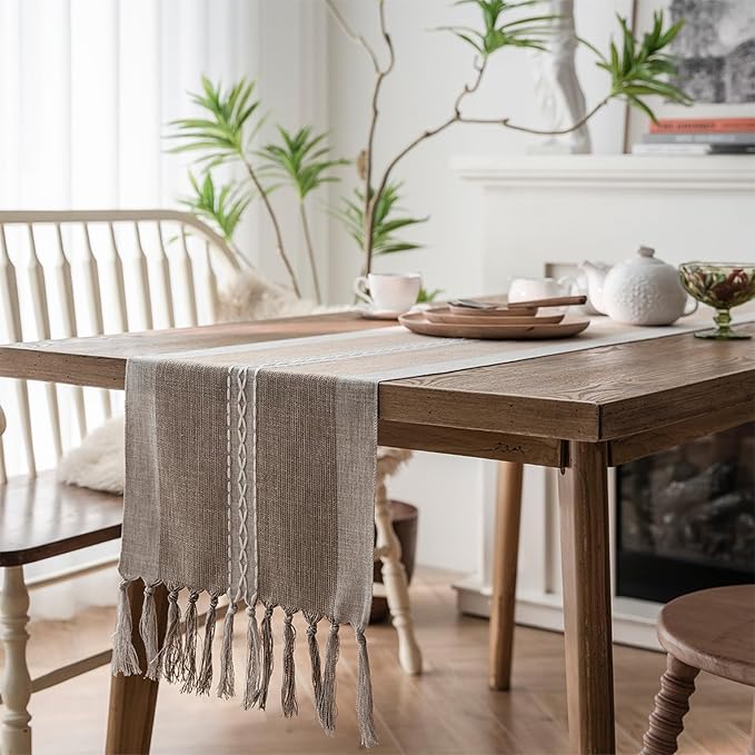 Niviy Farmhouse Table Runner, Embroidered Striped Braided Coffee Boho Table Runner, Cotton Linen Farmhouse Table Decoration for Holiday Party 12 x 60 Inches