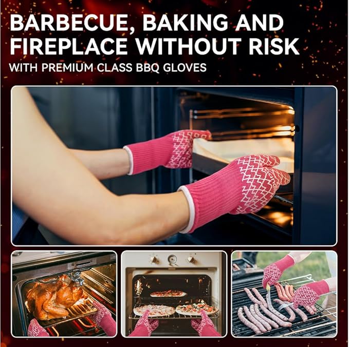 HandLove Aramid Heat Resistant BBQ Gloves – Grilling & Oven Gloves with Fingers, Silicone Grip & Long Cuffs for Cooking, Baking, and Outdoor Barbecue – Pink, Small