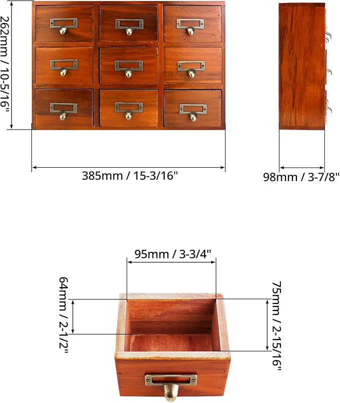 QWORK Desk Drawer Organizer, Wooden Vintage Apothecary Cabinet with 9 Drawers, Home Office & Tea & Dresser Bedroom Organization and Storage, Traditional Apothecary Cabinet