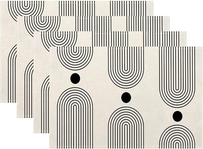 Boho Mid Century Placemats 12x18 Inch Set of 4, Abstract Simple Sun Arch Pattern Table Place Mat Boho Modern Black Spot Washable Table Mats Decorative Linen Fabric Table Mat for Dining Table