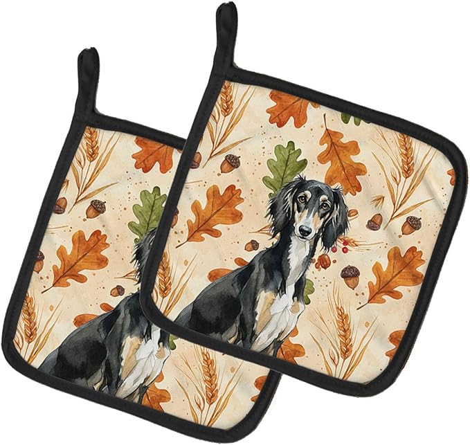 Caroline's Treasures Black and Tan Saluki Heirloom Fall Pair of Pot Holders Pair 7.5x7.5 Quilted Insulated Hot Pads Decorative Kitchen Gift Made in USA