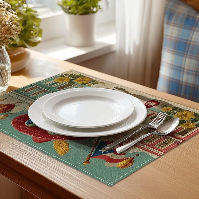HOMETITUTE Colorful Placemats Set of 4 Linen 12x18 Inch Washable Table Mats Fun Frog Playing Guitar Design Decorative Dining Table Placemats Set of 4 Farmhouse Kitchen Holiday and Everyday Use