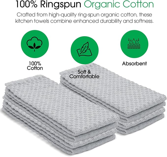 DG Collections Premium Dish Towels for Kitchen, 8 Pack, 15x25 Inch - 100% Cotton Kitchen Towels with Hanging Loop, Highly Absorbent, 400 GSM Bar Mop Cleaning Towels - Ash Grey
