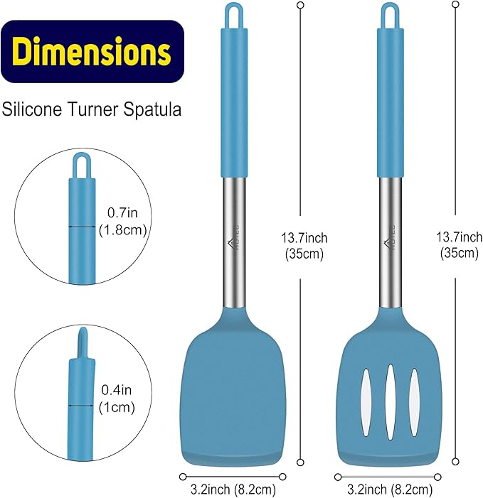 HOTEC Silicone Spatula Set of 2 Heat-Resistant 600°F & BPA-Free Kitchen SaptulaTurner with Stainless Steel Handles, Slotted & Solid Spatulas for Nonstick Cookware, 13.7 Inch, Blue