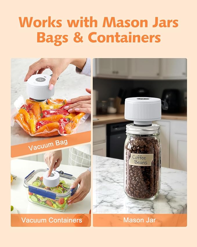 Electric Mason Jar Vacuum Sealer, [2026 Upgraded] One-Piece Handheld Vacuum Sealer Kit for Wide & Regular Mouth Jars, Portable Cordless Sealer for Food Storage, Homesteading & Meal Prep