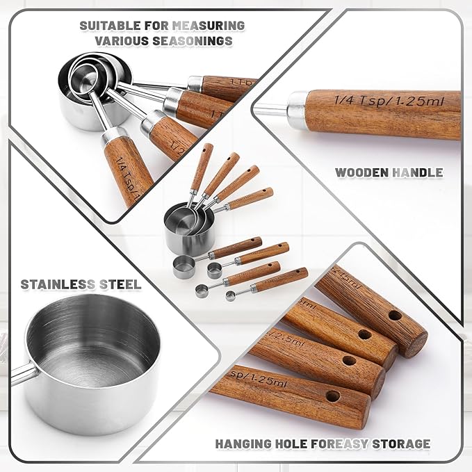 Measuring Cups and Spoons Set,Premium Stainless Steel Measuring Cups and Spoons Set with Wood Handle, 8-Pieces Kitchen Essentials for Baking, Coffee with Ergonomic Grip & Engraved Markings(Silver8)