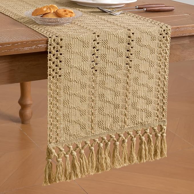 Socomi Boho Table Runner Macrame Easter Spring Farmhouse Woven Cotton Linen Rustic Coffee Table Runner with Tassels for Small Dresser Scarf Home Decor Dining Room 12x72 inch Champagne