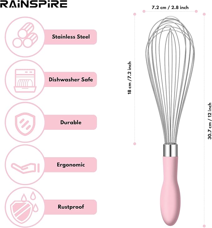 Rainspire 12-Inch Wire Whisk Stainless Steel, Balloon Whisks for Cooking, Wisk Wisking Tool With Soft Silicone Handle, Thick Durable Whisker for Blending, Beating, Whisking, Stirring, Pink