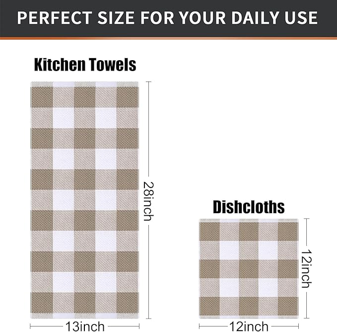 Mordimy Kitchen Towels and Dish Cloths Set, 28 X 13 Inch and 12 X 12 Inch, Set of 8 Soft and Super Absorbent Dish Towels for Drying Dishes, Khaki & White