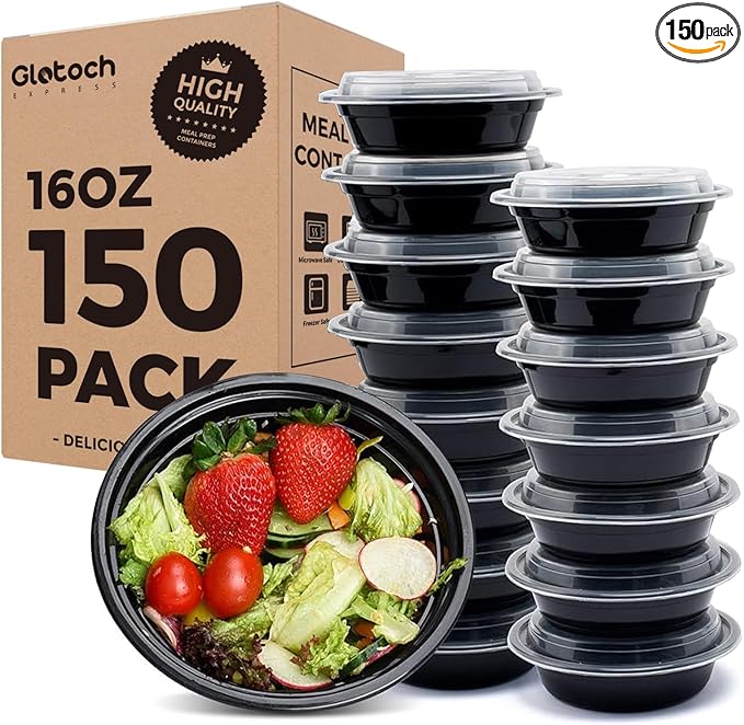 Glotoch 150 Pack of 16oz bulk meal prep containers with lids, Round commercial food storage, Professional to-go bowls for restaurants and catering, BPA-free and microwave, freezer and dishwasher safe
