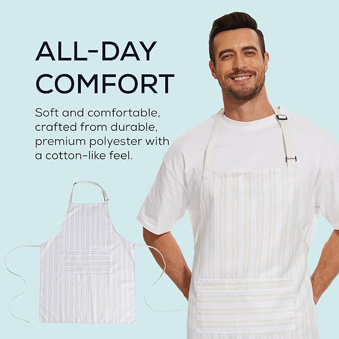 Will Well Kitchen Apron for Men and Women - 33" x 27" Oil-and-Water-Resistant with Adjustable Neck Strap and 38" Waist Ties for a Snug Fit, Lightweight with 2 Front Pockets - 6-Pack, White Stripe