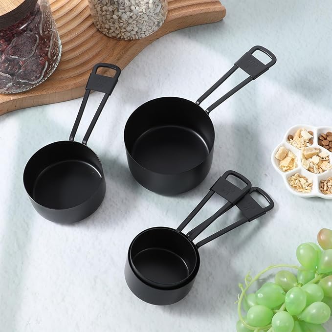 9 PCS Black Stainless Steel Measuring Cups and Spoons Set, Nesting Metal Measuring Cup with Ring Connector for Liquid and Dry Ingredients, Cooking and Baking (Black)