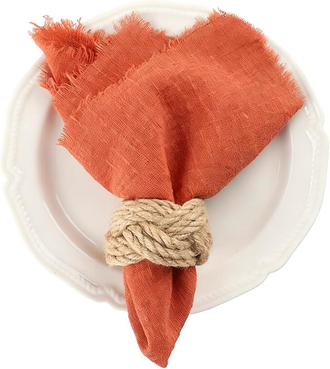 Cotton Blend Fringe Cloth Napkins - Crinkle Gauze Dinner Napkins, Reusable & Washable Table Napkins, 17" x 17" (43 x 43 cm), Multiple Colors, 12/24/48/100 Pack (24, Terracotta)