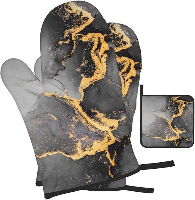 Black Gray Gold Marble Oven Mitts and Pot Holders Set Heat Resistant Abstract Modern Oven Gloves for BBQ Baking Grilling Cooking Kitchen Decor 3 Piece