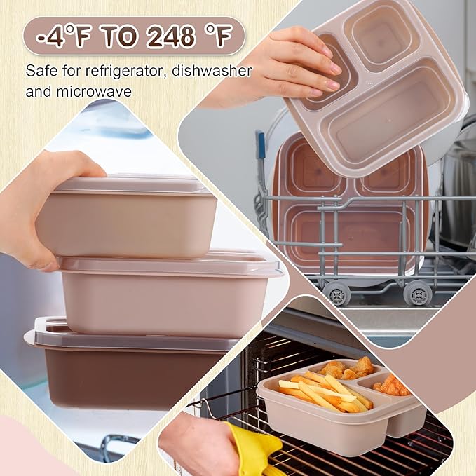 Honeydak 5 Pack Snack Containers 3 Compartment Bento Snack Boxes Divided Meal Prep Containers with Lids Reusable Adults Lunch Food Storage Box for School Work Travel(Cream Brown)