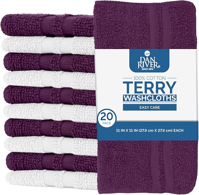 DAN RIVER 100% Cotton Washcloths 20 Pack Premium Quality Face and Body Cloth, Quick Dry Essential Towels for Bathroom, Hand, Kitchen & Cleaning, Baby Washcloths | 11X11 in|400 GSM|Purple Passion+White