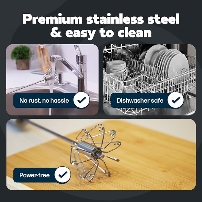14 Inch Stainless Steel Egg Beater - Durable & Easy to Use Push-Down Zip Whisker - Rotary Hand Mixer for Beating Eggs, Frothing Milk, Blending, Mixing, Whipping Smoothies & Shakes - Hand Whisk