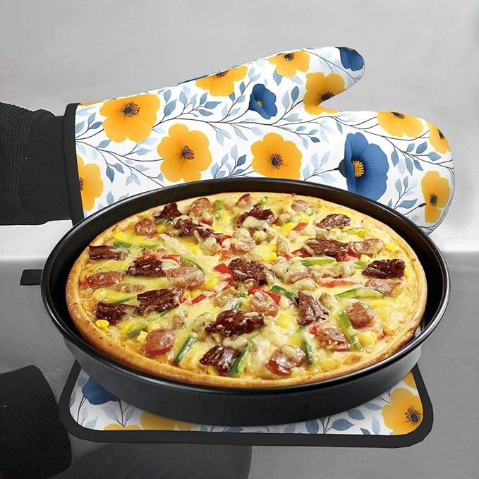 Yellow Blue Floral Oven Mitts & Pot Holders Sets of 3, Boho Blue and Yellow Flowers Heat Resistant Kitchen Hot Pads and Mitts for Cooking Baking Grilling, Gift for Floral - Loving Women, Home Decor