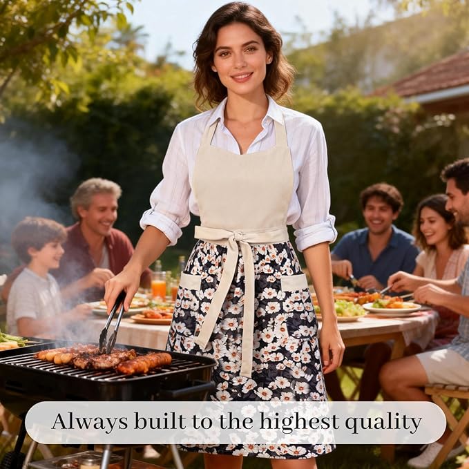 Cute Floral Aprons for Women with Pockets,Cotton Adjustable Neck Strap Apron for Kitchen Cooking Baking Gardening