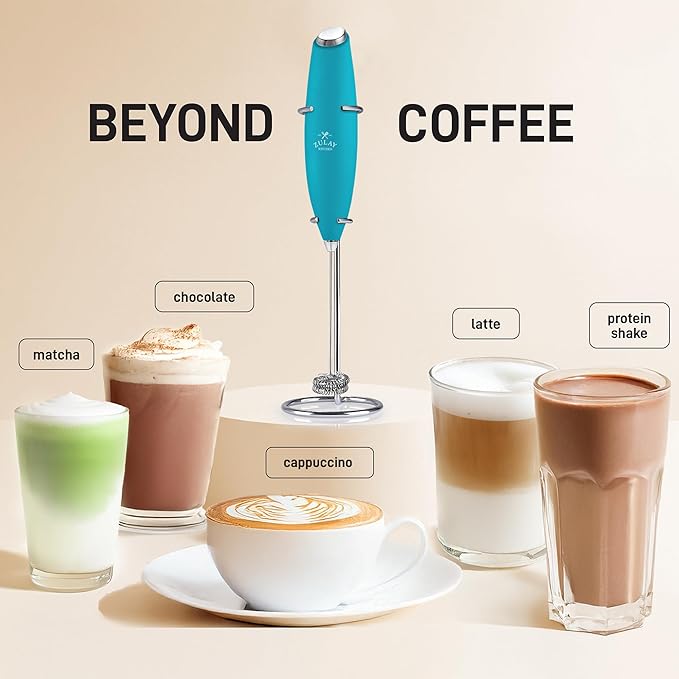 Zulay Kitchen Powerful Double Whisk Milk Frother Handheld - Foam Maker With Stand - Whisk Drink Mixer for Coffee, Mini Foamer for Latte, Matcha, Frappe, Hot Chocolate & Cappuccino - Ocean Blue