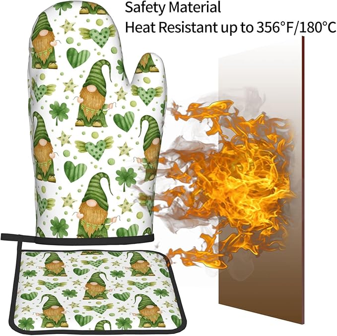 St. Patrick's Day Gnome Oven Mitts and Pot Holders Heat Resistant Oven Mitts Safe for Baking Cooking BBQ