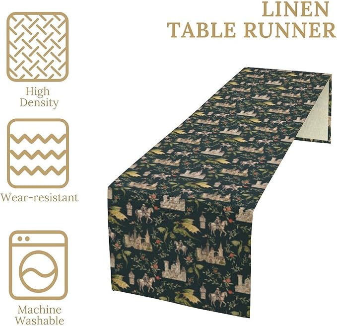 Dragon Table Runner, Magical Medieval Castle Dragon Knights Art Printed Runner for Home Kitchen Dining Table Living Room Decor Fabric 1 Panel W13xL90in